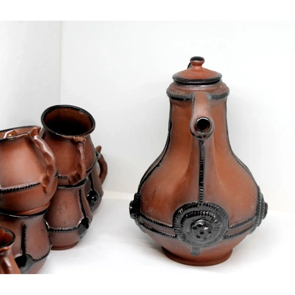 Bulgarian Clay Pottery Pitcher w/Sculptural Handle Decorative Elements 6 Mugs